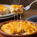 A cozy bowl of homemade Cheesy Ham and Potato Casserole being served for a family dinner.