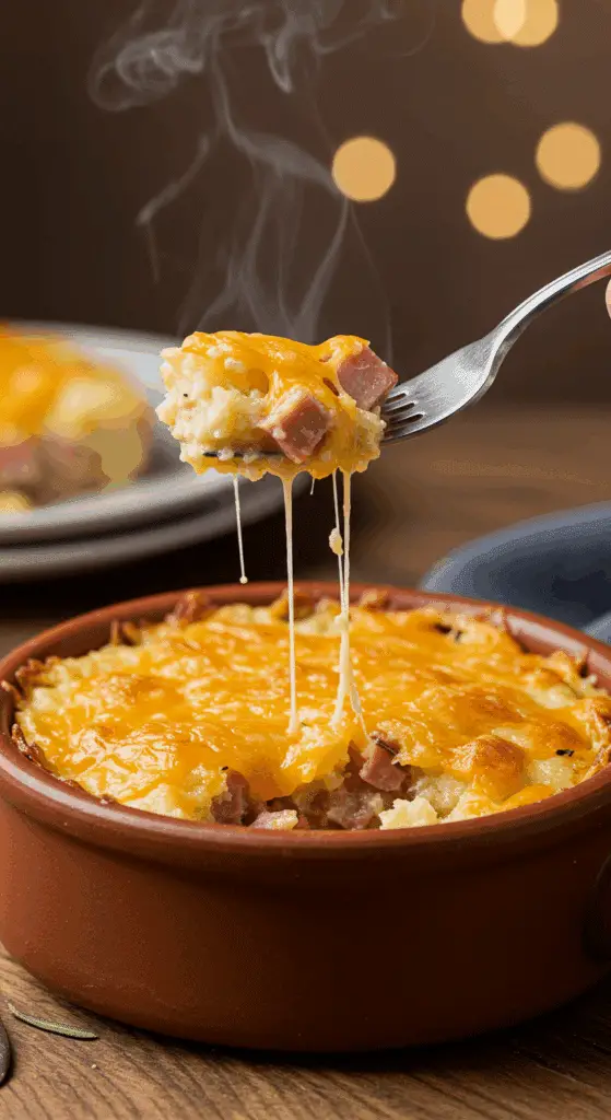 A cozy bowl of homemade Cheesy Ham and Potato Casserole being served for a family dinner.