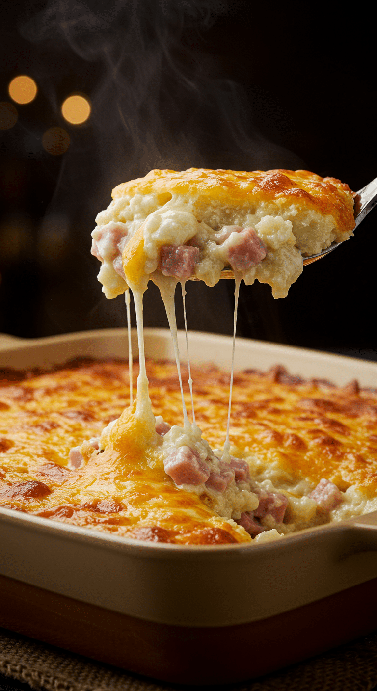 A beautiful, golden-brown homemade Cheesy Ham and Potato Casserole in a baking dish with a creamy, chunky scoop removed.