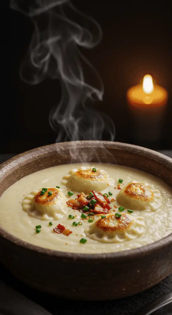 A beautiful, rustic bowl of homemade, creamy Potato Leek Soup, garnished with crispy pan-fried pierogi and bacon.