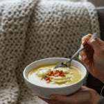 A person wrapped in a cozy blanket, happily eating a warm, steaming bowl of homemade Potato Leek Soup with pierogi.