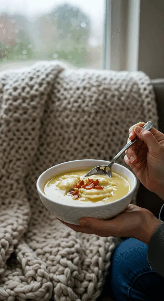 A person wrapped in a cozy blanket, happily eating a warm, steaming bowl of homemade Potato Leek Soup with pierogi.
