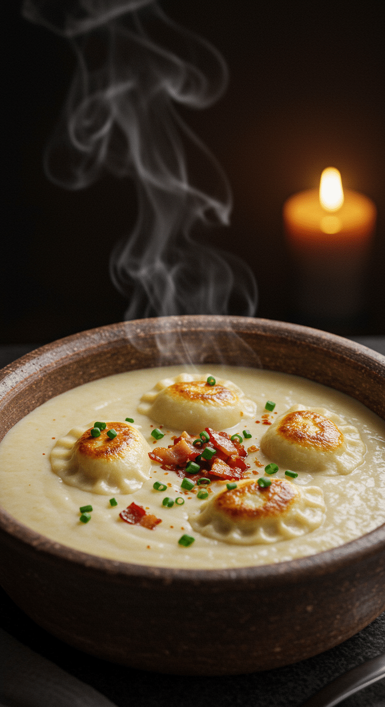 A beautiful, rustic bowl of homemade, creamy Potato Leek Soup, garnished with crispy pan-fried pierogi and bacon.