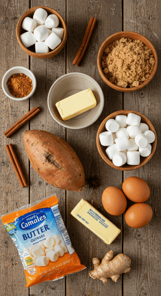 The classic, from-scratch ingredients for the homemade Sweet Potato-Marshmallow Cupcakes recipe.