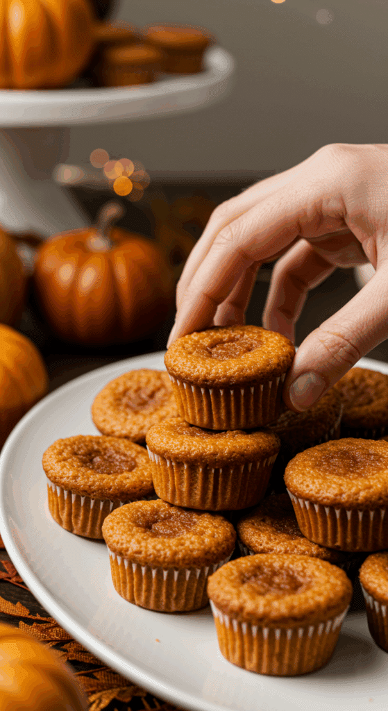 A platter of beautiful, homemade Sweet Potato-Marshmallow Mini Cupcakes being served at a festive holiday party.