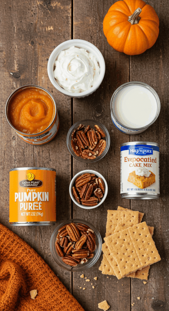 The simple, easy, shortcut ingredients for the Pumpkin Dump Cake recipe.