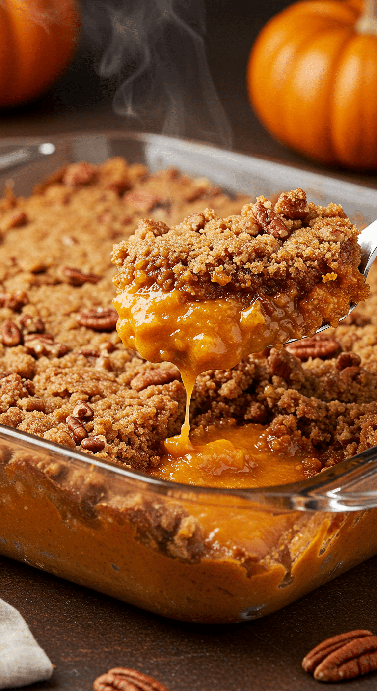 A beautiful, golden-brown, homemade Pumpkin Dump Cake in a baking dish with a creamy scoop being lifted out.