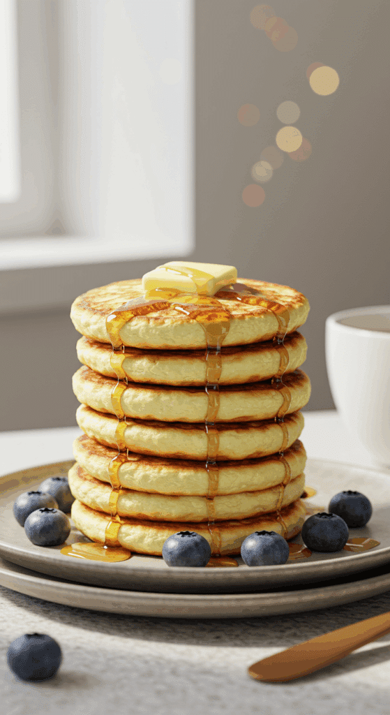 A tall, perfect stack of fluffy, golden-brown Cottage Cheese Pancakes with fresh blueberries and maple syrup.