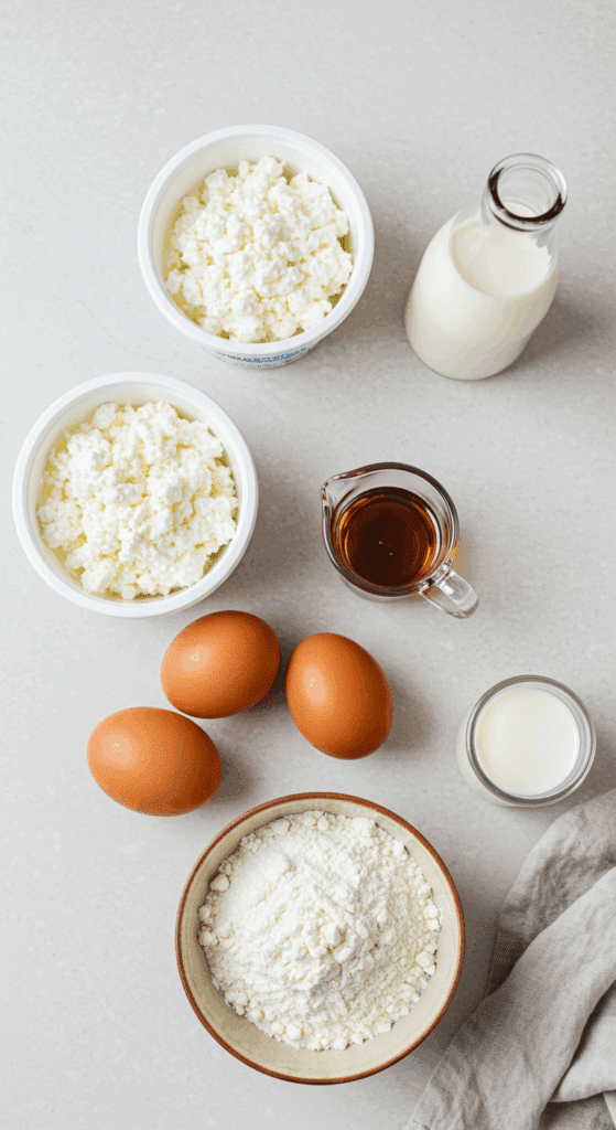 The healthy, simple ingredients for the High-Protein Cottage Cheese Pancakes recipe.