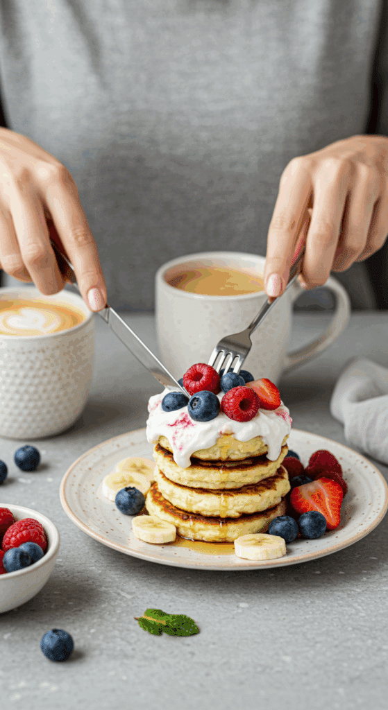 A person enjoying a healthy breakfast of High-Protein Cottage Cheese Pancakes with fresh berries and yogurt.