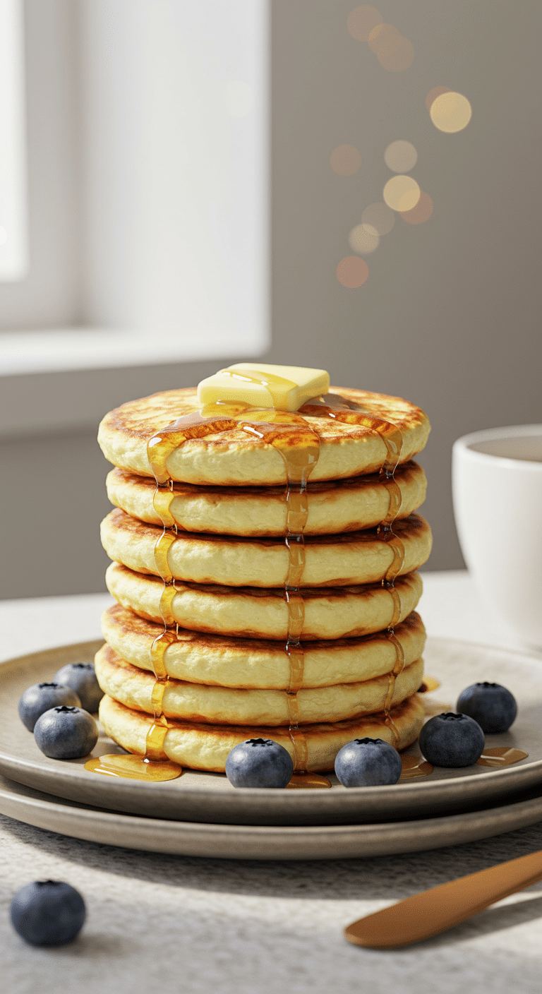 A tall, perfect stack of fluffy, golden-brown Cottage Cheese Pancakes with fresh blueberries and maple syrup.