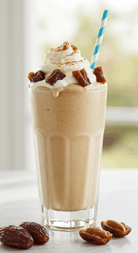 A tall, thick, and creamy homemade High-Protein Date Shake in a milkshake glass with whipped cream.