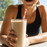 A happy person drinking a healthy, high-protein Date Shake after a workout.