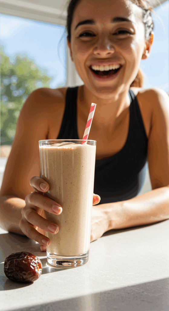 A happy person drinking a healthy, high-protein Date Shake after a workout.
