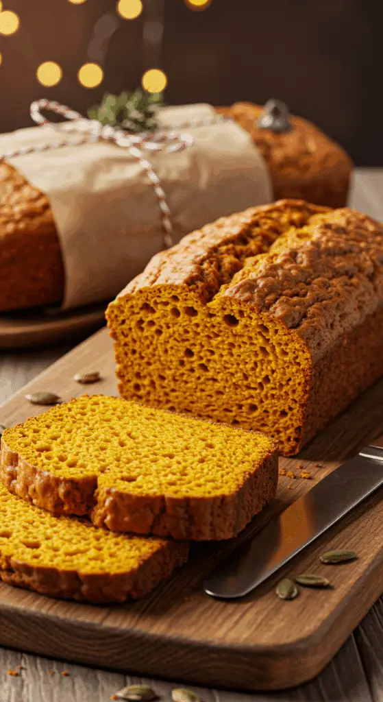 A beautiful, moist, homemade Pumpkin Bread loaf on a cutting board, with a second loaf wrapped as a gift in the background.