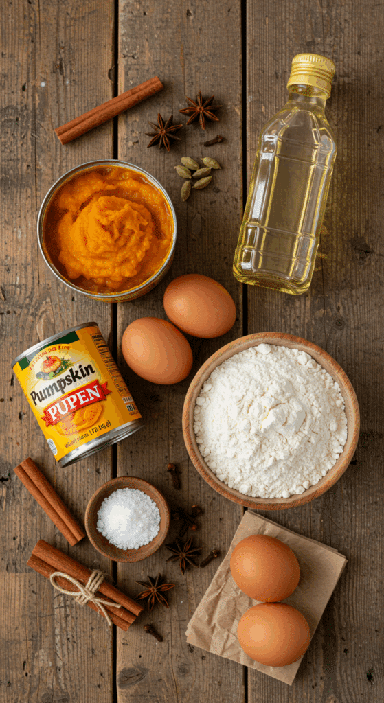 The simple, classic ingredients for the from-scratch homemade Pumpkin Bread recipe.