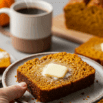 A hand offering a warm, thick slice of homemade Pumpkin Bread with melting butter.