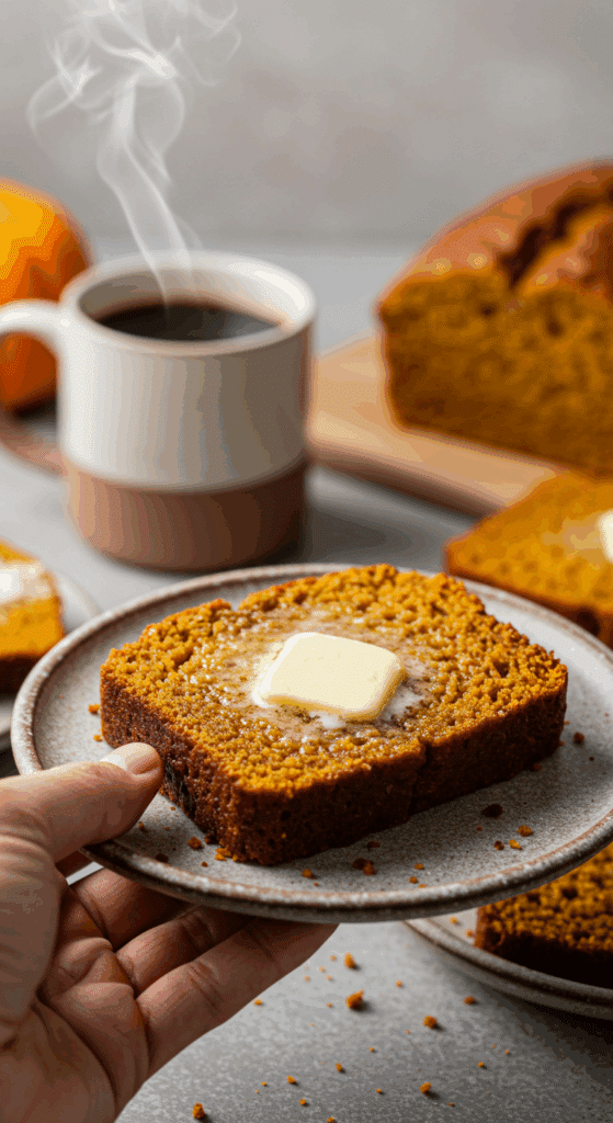 A hand offering a warm, thick slice of homemade Pumpkin Bread with melting butter.