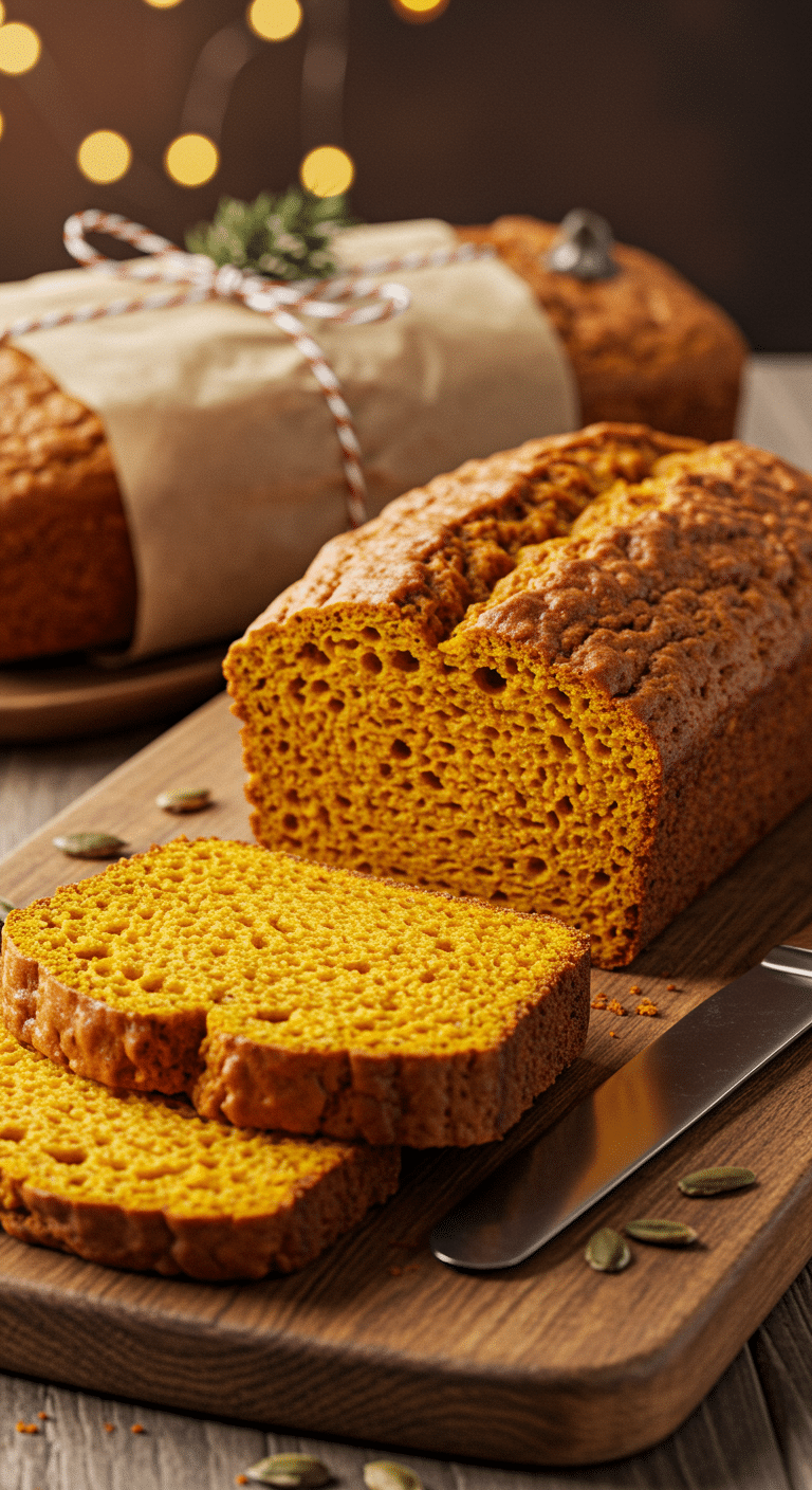 A beautiful, moist, homemade Pumpkin Bread loaf on a cutting board, with a second loaf wrapped as a gift in the background.
