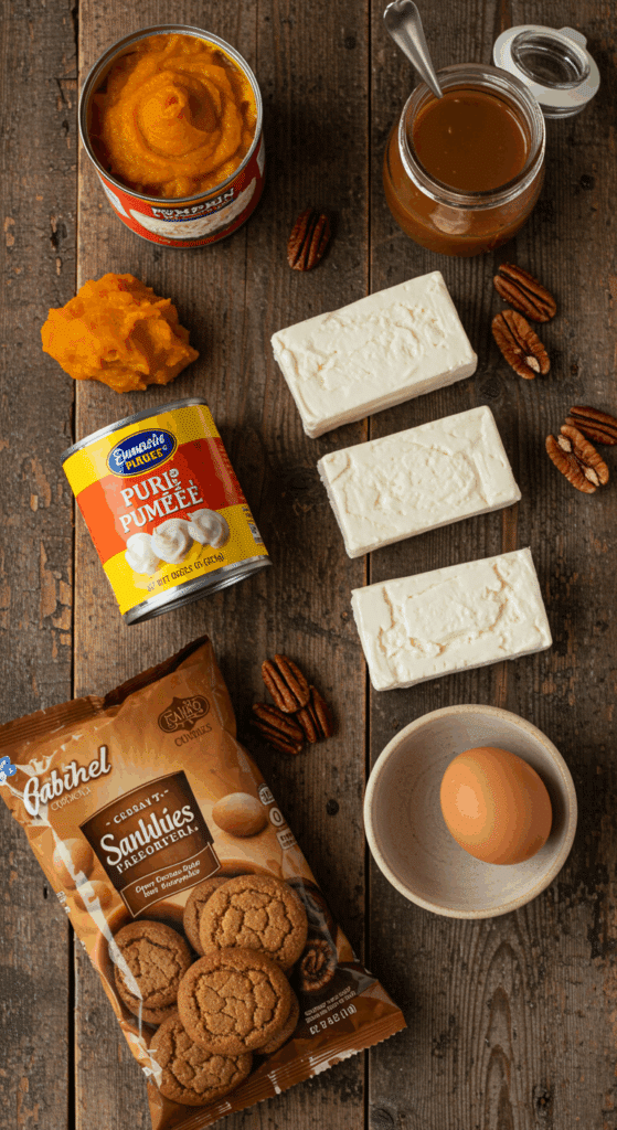 The classic, from-scratch fall ingredients for the Pumpkin Gingersnap Cheesecake recipe.