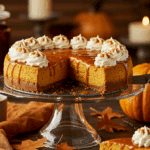A beautiful slice of Pumpkin Gingersnap Cheesecake being served as dessert at a Thanksgiving dinner.