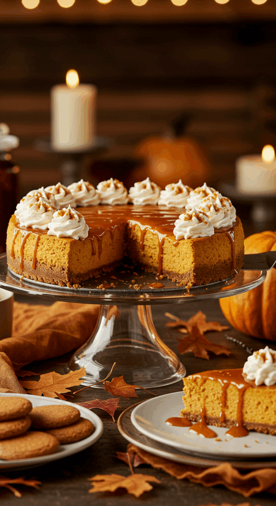 A beautiful slice of Pumpkin Gingersnap Cheesecake being served as dessert at a Thanksgiving dinner.