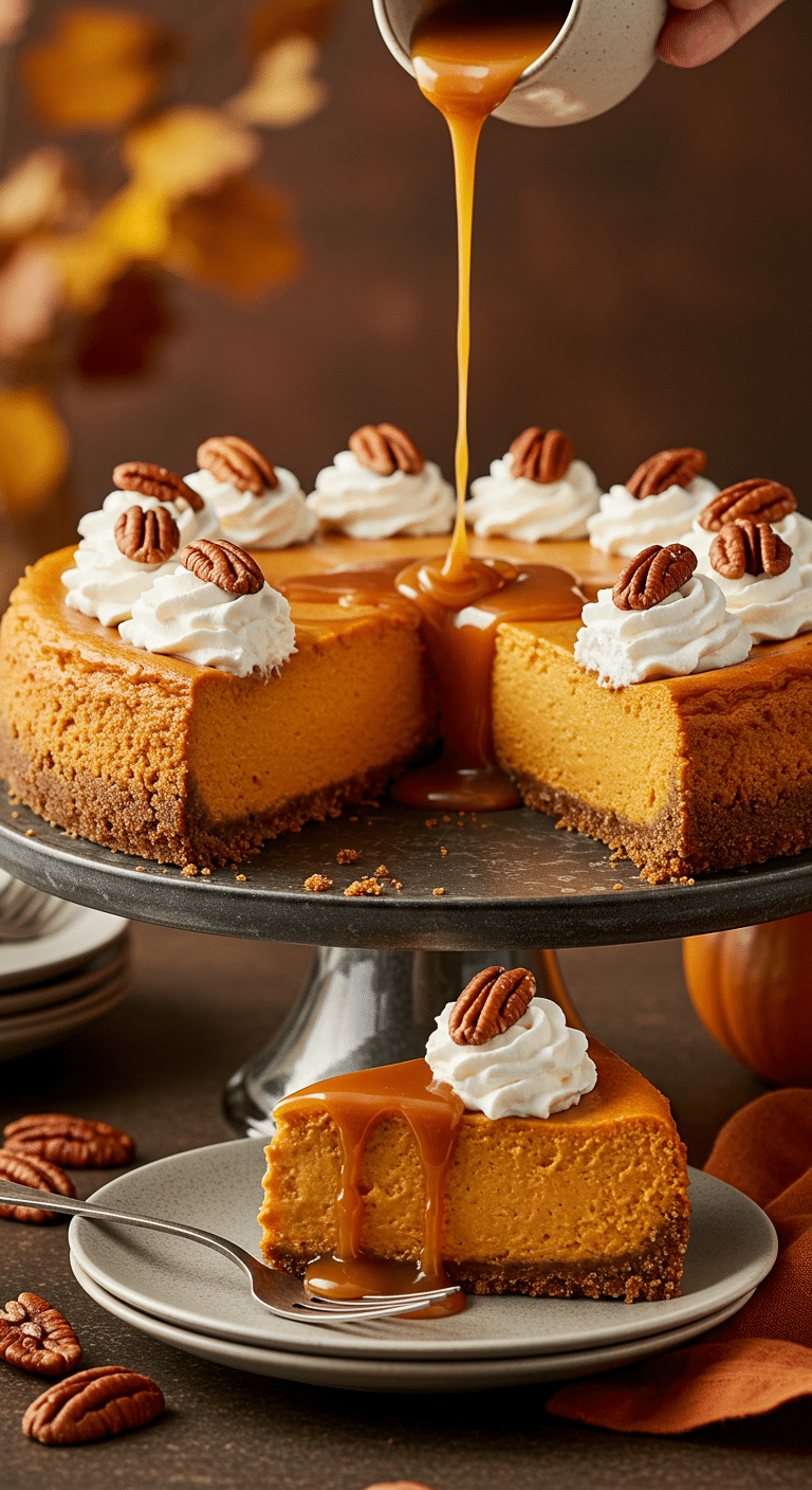 A beautiful, creamy, homemade Pumpkin Gingersnap Cheesecake on a cake stand with a slice being drizzled with salted caramel sauce.