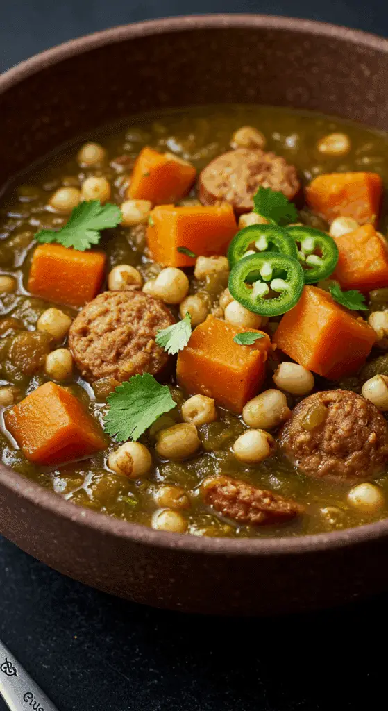 A beautiful, rustic bowl of hearty, homemade Pumpkin Chili Verde, garnished with fresh cilantro.