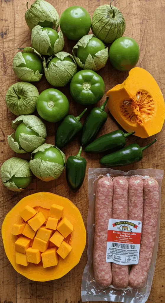 The fresh, from-scratch ingredients for the hearty and unique Pumpkin Chili Verde recipe.