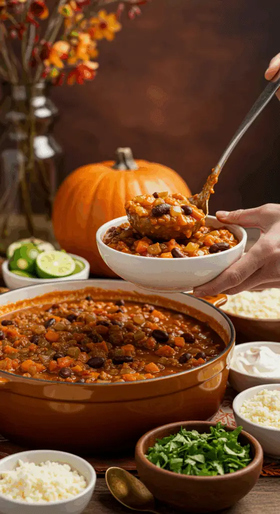 A large pot of homemade Pumpkin Chili Verde being served at a fun fall party with a toppings bar.