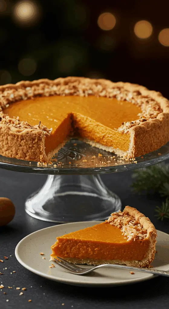 A beautiful, homemade Pumpkin-Coconut Pie on a cake stand with a perfect, creamy slice removed and a toasted coconut topping.