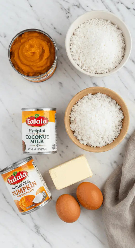 The unique, from-scratch ingredients for the creamy Pumpkin-Coconut Pie recipe.