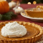 A perfect slice of homemade Pumpkin-Coconut Pie with a dollop of coconut whipped cream being served for a holiday dessert.