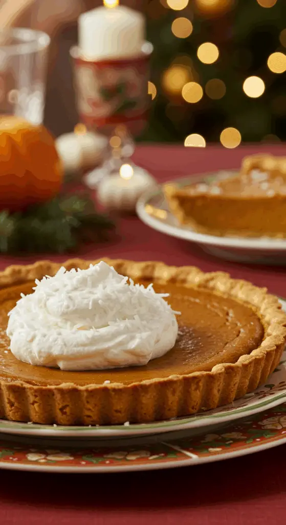 A perfect slice of homemade Pumpkin-Coconut Pie with a dollop of coconut whipped cream being served for a holiday dessert.