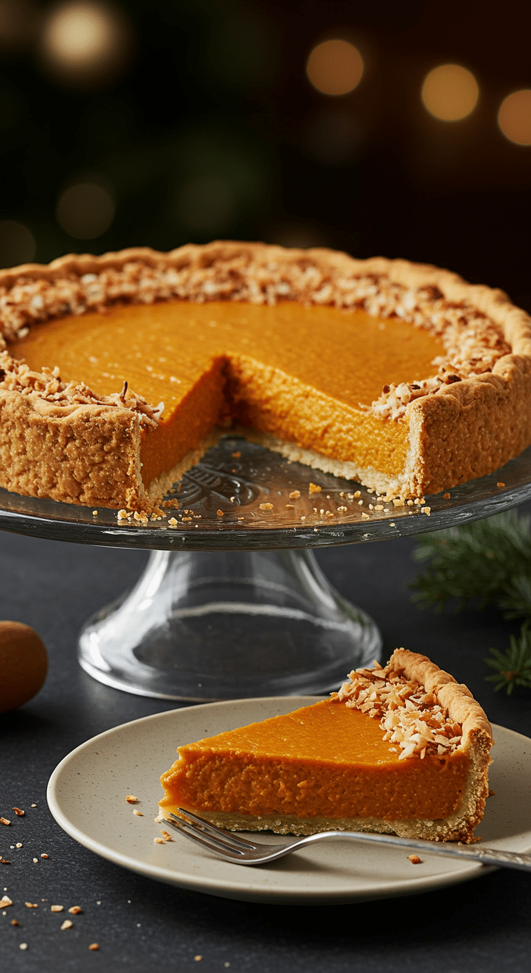 A beautiful, homemade Pumpkin-Coconut Pie on a cake stand with a perfect, creamy slice removed and a toasted coconut topping.