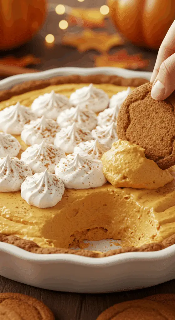 A beautiful pie plate of creamy, homemade Pumpkin Pie Dip, with a gingersnap cookie taking a scoop.