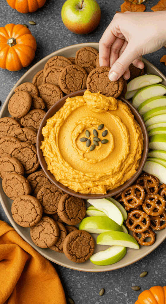 A beautiful platter with a bowl of Pumpkin Dip in the center, surrounded by a variety of cookies, fruits, and pretzels for dipping at a party.