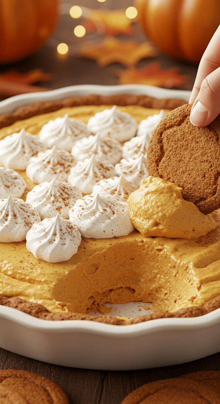 A beautiful pie plate of creamy, homemade Pumpkin Pie Dip, with a gingersnap cookie taking a scoop.