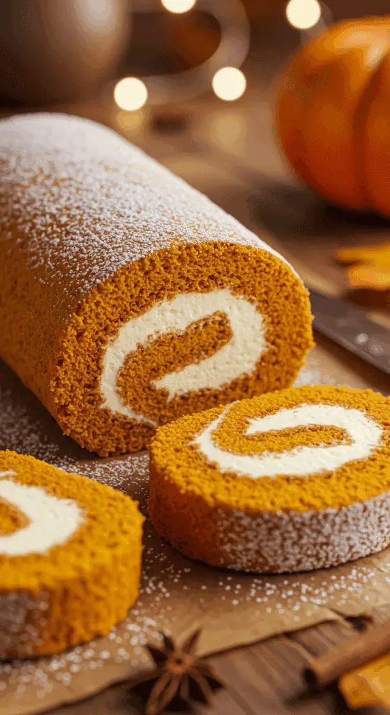 A beautiful, homemade Pumpkin Roll, with a few perfect, spiraled slices cut to show the cream cheese filling.