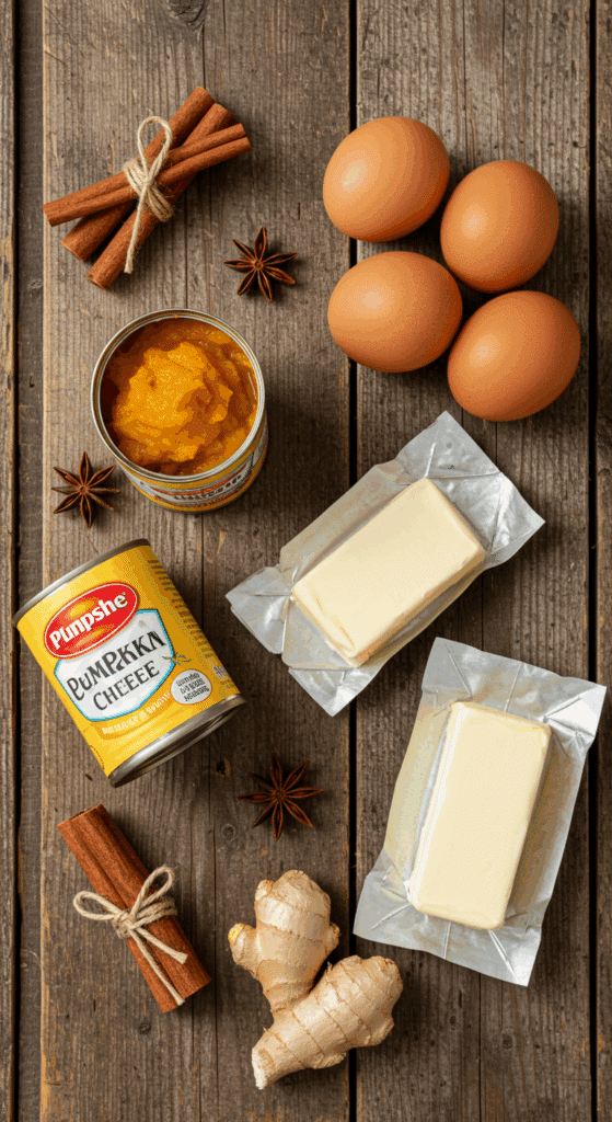 The classic, from-scratch ingredients for the homemade Pumpkin Roll recipe.