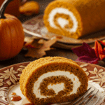 A perfect slice of homemade Pumpkin Roll being served as dessert at a festive holiday dinner.