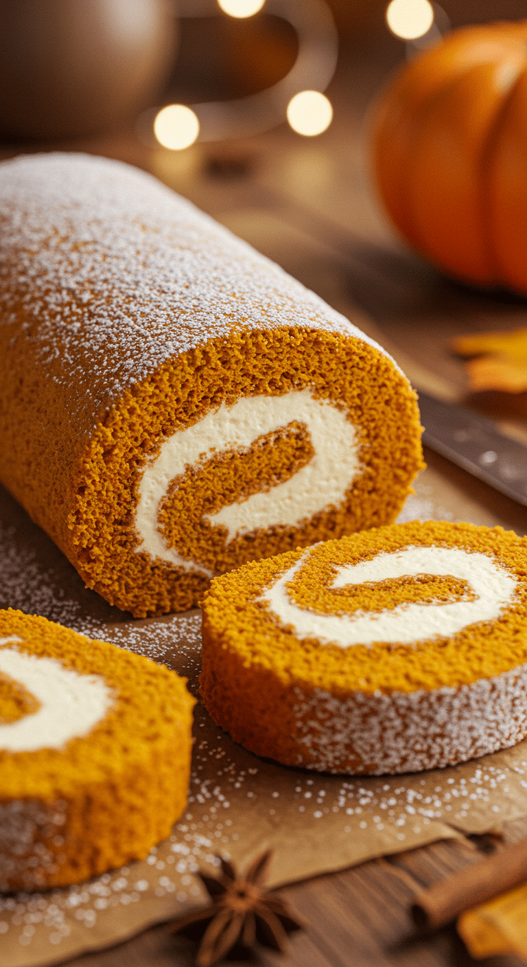 A beautiful, homemade Pumpkin Roll, with a few perfect, spiraled slices cut to show the cream cheese filling.