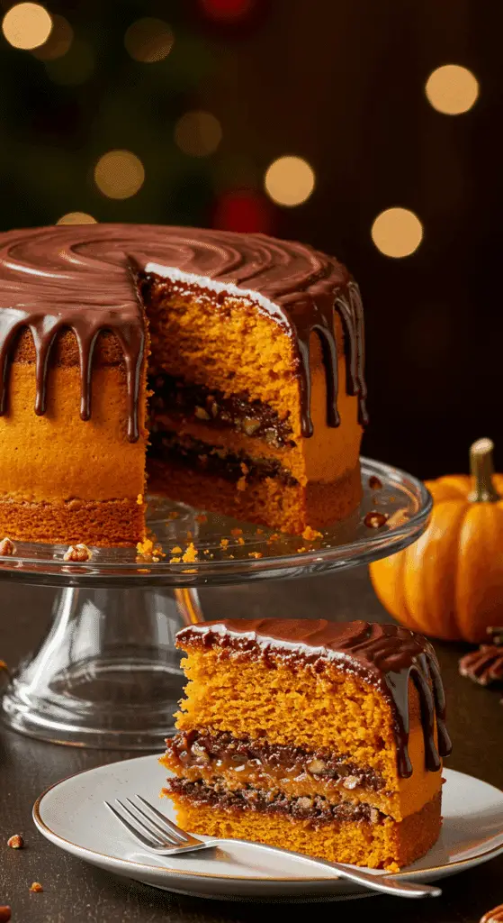 A beautiful, four-layer, homemade Pumpkin Spice Cake on a cake stand with a perfect, tall slice removed to show the chocolate-pecan filling.