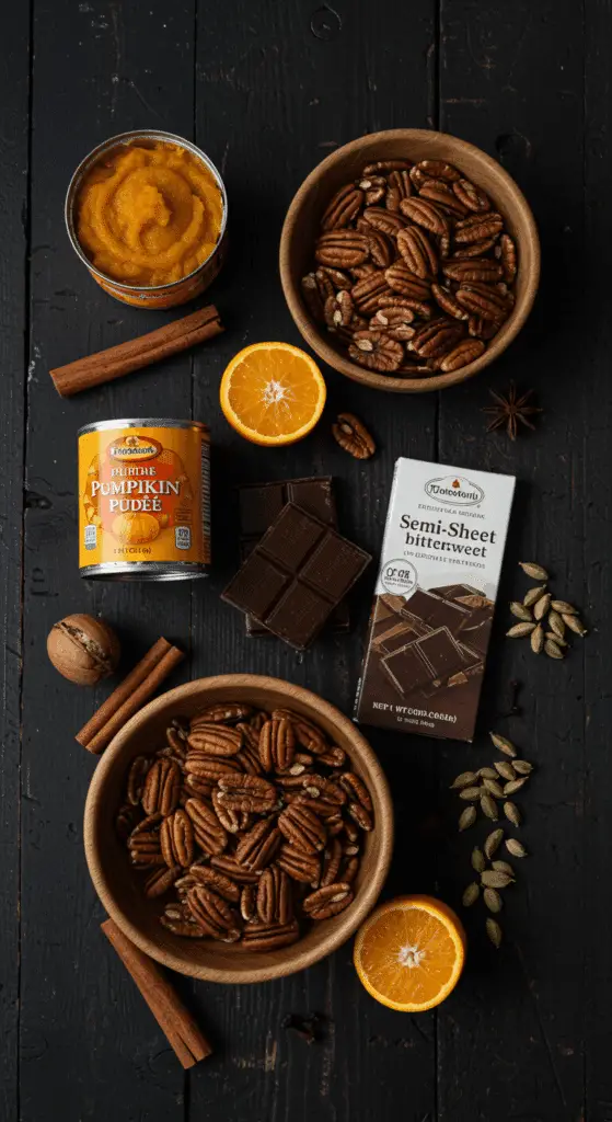 The decadent, from-scratch ingredients for the gourmet Pumpkin Spice Cake with a chocolate-pecan filling.