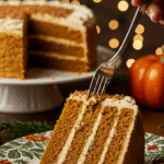 A beautiful, tall slice of homemade, four-layer Pumpkin Spice Cake being served for a holiday dessert.