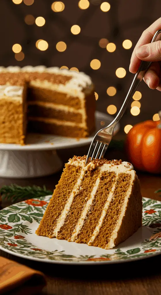 A beautiful, tall slice of homemade, four-layer Pumpkin Spice Cake being served for a holiday dessert.