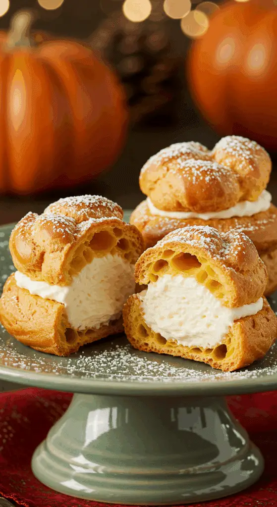 A beautiful platter of three homemade, Gluten-Free Pumpkin Spice Cream Puffs, with one cut in half to show the creamy filling.