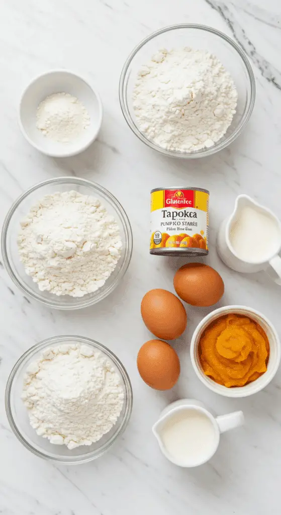 The from-scratch ingredients for the homemade Gluten-Free Flour Blend and the Pumpkin Spice Cream Puffs.