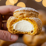 A hand holding a single, beautiful, homemade Gluten-Free Pumpkin Spice Cream Puff at a holiday party.