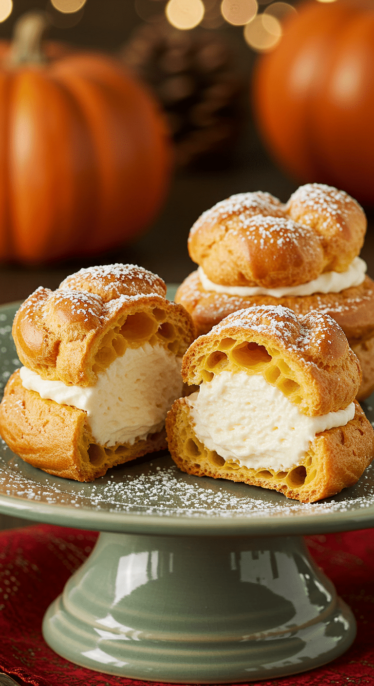 A beautiful platter of three homemade, Gluten-Free Pumpkin Spice Cream Puffs, with one cut in half to show the creamy filling.